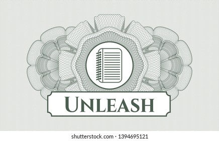 Green money style rosette with note book icon and Unleash text inside