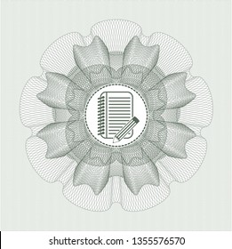 Green money style rosette with notebook with pencil icon inside