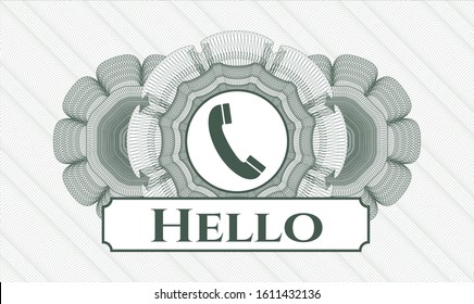 Green money style rosette with old phone icon and Hello text inside