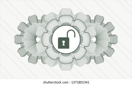 Green money style rosette with open lock icon inside