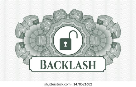 Green money style rosette with open lock icon and Backlash text inside