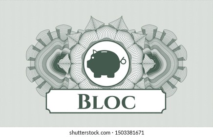 Green money style rosette with piggy bank icon and Bloc text inside