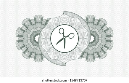 Green money style rosette with scissors icon inside