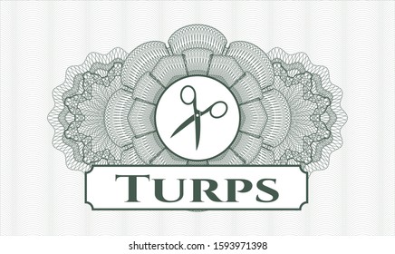 Green money style rosette with scissors icon and Turps text inside