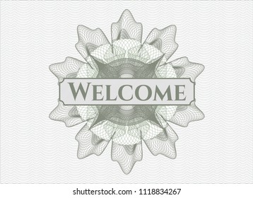Green money style rosette with text Welcome inside