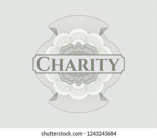 Green money style rosette with text Charity inside