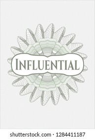 Green money style rosette with text Influential inside