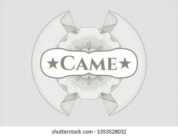 Green money style rosette with text Came inside