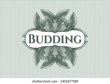 Green money style rosette with text Budding inside