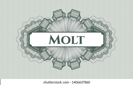 Green money style rosette with text Molt inside