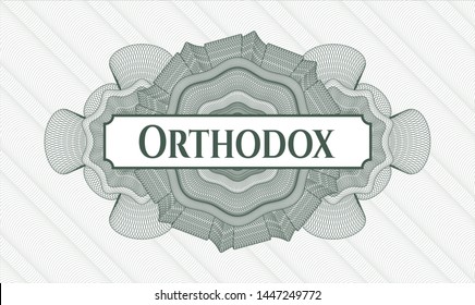 Green money style rosette with text Orthodox inside