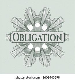 Green money style rosette with text Obligation inside