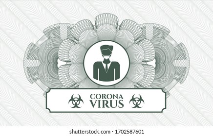Rosette estilo dinero verde. Ilustración vectorial. Detallado con el hombre usando icono de máscara de cara y texto Coronavirus dentro