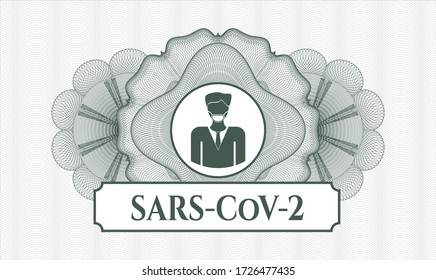 Green money style rosette. Vector Illustration. Detailed with man wearing face mask icon and SARS-CoV-2 text inside