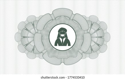 Rosette mit grünem Geld. Vektorgrafik. Detaillierte Angaben mit einer Frau, die ein Symbol für Gesichtsmaske trägt