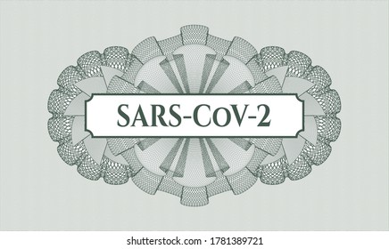 Rosette mit grünem Geld. Vektorgrafik. Detaillierte mit dem Text SARS-CoV-2 im Inneren