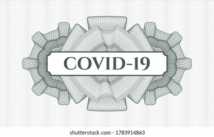 Rosette mit grünem Geld. Vektorgrafik. Detaillierte Angaben mit dem Text COVID-19 innen