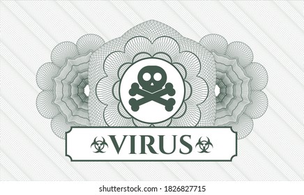 Green money style rosette. Vector Illustration. Detailed with crossbones icon and Virus text inside