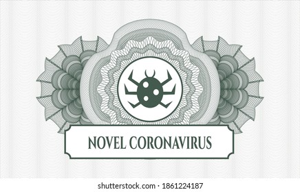 Green money style rosette. Vector Illustration. Detailed with bug icon and Novel Coronavirus text inside