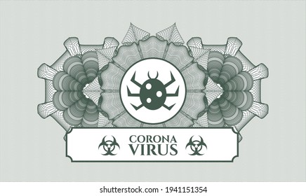 Green money style rosette. Vector Illustration. Detailed with bug icon and Coronavirus text inside