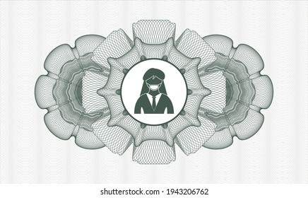 Green money style rosette. Vector Illustration. Detailed with woman wearing face mask icon inside