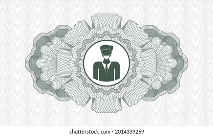 Green money style rosette. Vector Illustration. Detailed with man wearing face mask icon inside