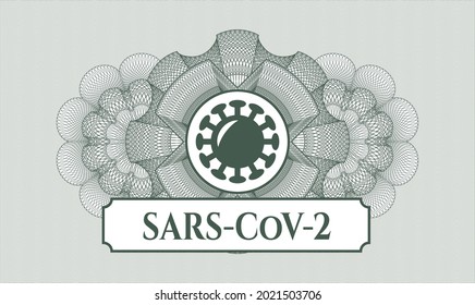 Green money style rosette. Vector Illustration. Detailed with coronavirus icon and SARS-CoV-2 text inside
