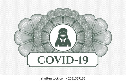 Green money style rosette. Vector Illustration. Detailed with woman wearing face mask icon and COVID-19 text inside