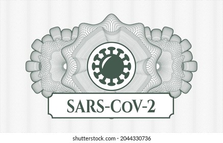 Green money style rosette. Vector Illustration. Detailed with coronavirus icon and SARS-CoV-2 text inside