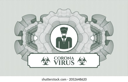 Green money style rosette. Vector Illustration. Detailed with man wearing face mask icon and Coronavirus text inside