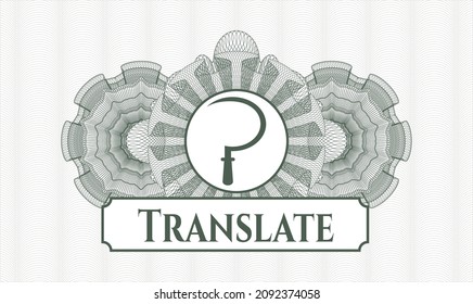 Rosette mit grünem Geld. Vektorgrafik. Detaillierte Übersetzung mit Sichelsymbol und Übersetzen von Text in