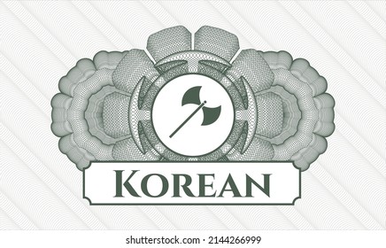 Rosette estilo dinero verde. Ilustración vectorial. Detallado con icono medieval de hacha y texto coreano dentro