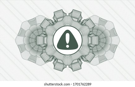 Green money style rosette with warning icon inside