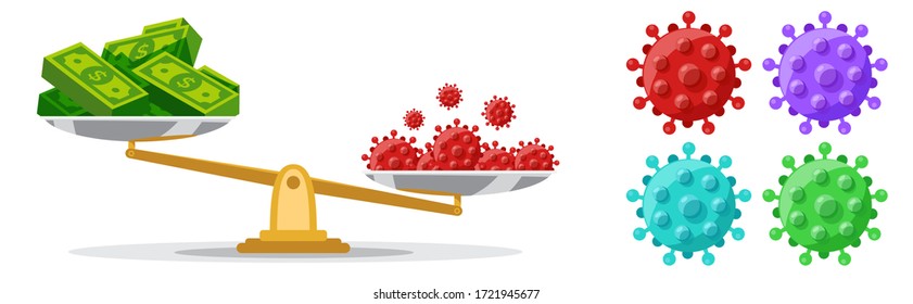 Green Money Symbol And Red Corona Virus On A Gold Scale Vector Illustration Wich Shows How The Covid 19 Effect The Business Economy And Create Panic And Crisis.