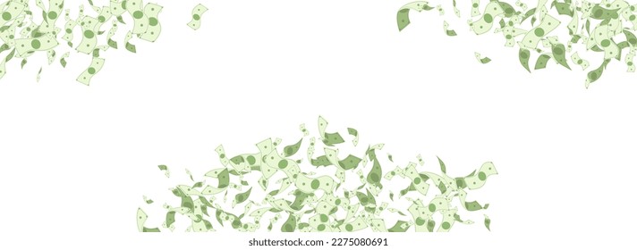 Green Money Vector White Panoramic Background. Casino Cash Flyer. Fly Paper Dollar Template. Paper Currency Rich Certificate.