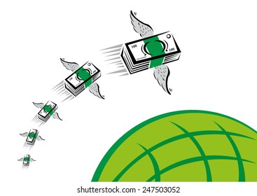 Green Money with wings flies fast over a green globe