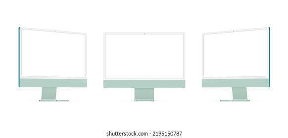 Green Monitors With Blank Screens, Front and Side View, Isolated on White Background. Vector Illustration