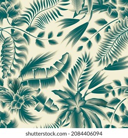 green monochromatic color jungle illustration seamless tropical pattern with banana fern leaves and monstera plants foliage on beige background. vector design. jungle print. nature wallpaper