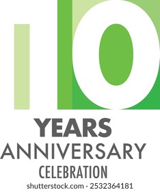 green monochrome color number of 10 years anniversary celebration logo style, isolated on white background.