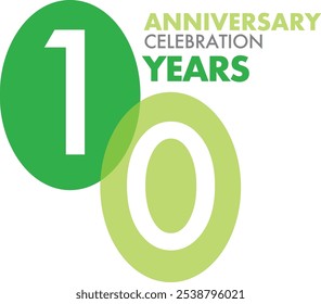 green monochrome color with number 10 white color on oval shape and the words years anniversary celebration, isolated on white background.