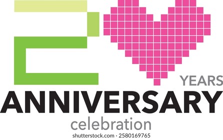 green monochrome color with square pink heart number 20 and word years anniversary celebration are in the bottom.