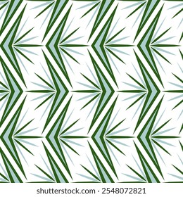 Green monochrome geometric seamless pattern. Vector decorative vertical zigzag ornament of polygonal shapes. Offbeat creative monochrome linear design. Stylized tropical greenery