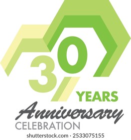 green monochrome number of 30 years anniversary celebration logo style in pentagon shape, isolated on white background.