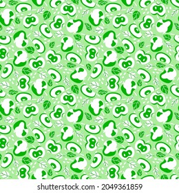 Green monochrome seamless pattern with fresh apples vector illustration. Funny garden fruit with leaves and seeds. Surface design perfect for kitchenware, home decor and more