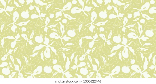 Green monochrome vector repeat pattern with cream tomatoe and leaf. Kitchen. Surface pattern design.
