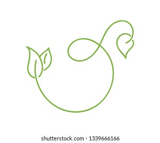 Green monoline calligraphy logo of green leaf ecology vector element. Divider or corner design for wedding and Valentines Day, birthday greeting card and web, eco nature icon