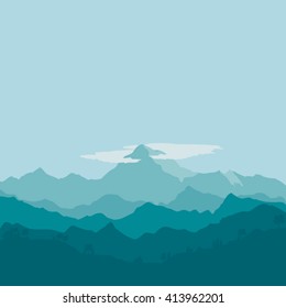 Green ,monotone mountain with trees and cloud