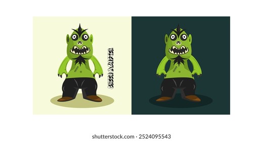 green monster, 2-dimensional animated cartoon design, scary character