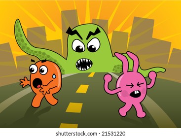 Green monster attacking little creatures. Cartoonish.