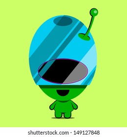 green monster with a big blue helmet and a single antenna, light green background.